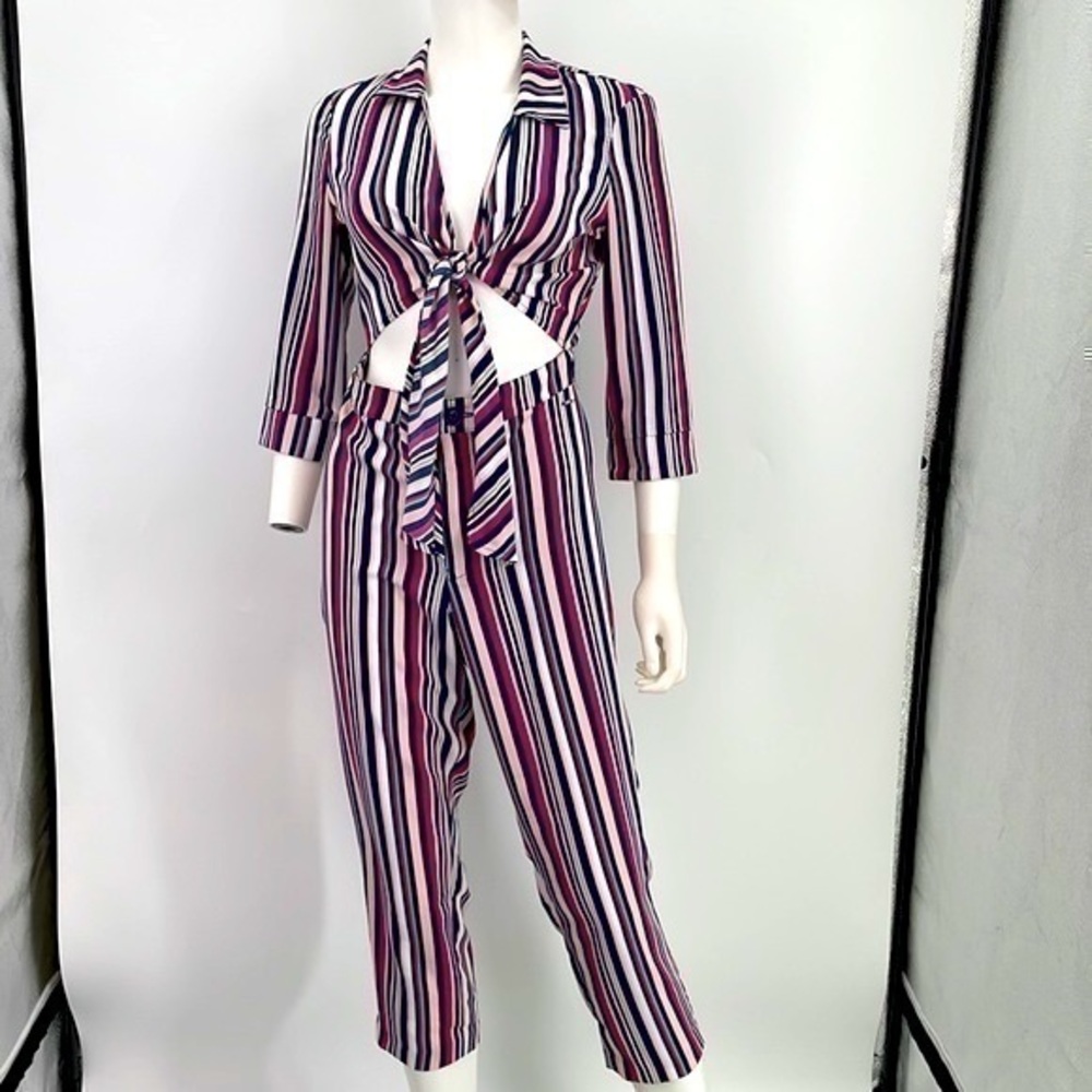 UEC long sleeve pink & blue striped cropped pants jumpsuit size XS